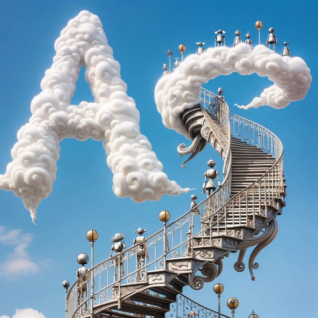 DALL·E 2024-05-05 21.37.30 - In the sky, the letters A and I are painted boldly in white clouds. Below them, a whimsical staircase winds upwards into the sky, twisting and tur-2