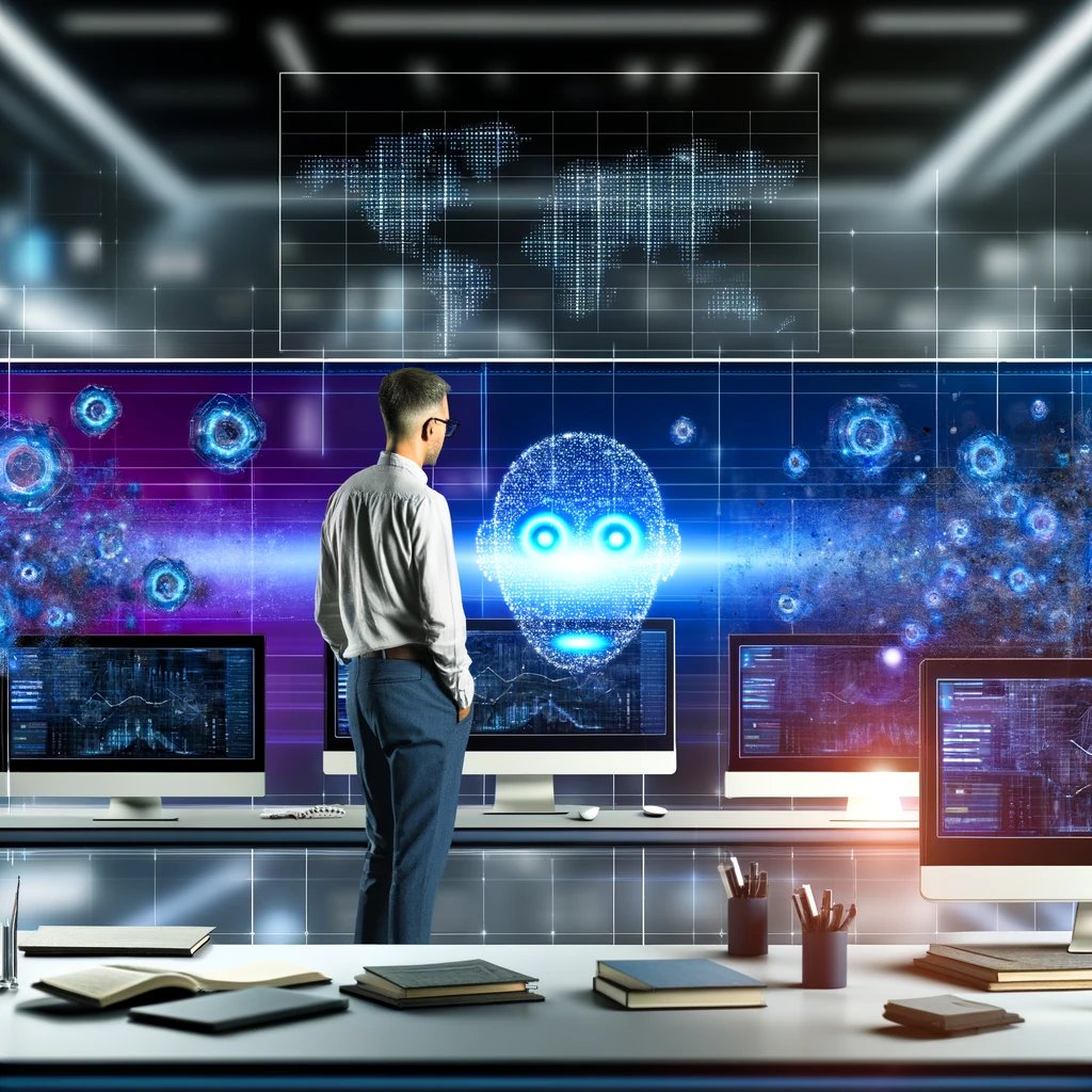 DALL·E 2024-05-20 12.49.09 - A conceptual image showing an analyst studying large computer screens filled with complex graphs and data streams, representing an AI GAP analysis. Th