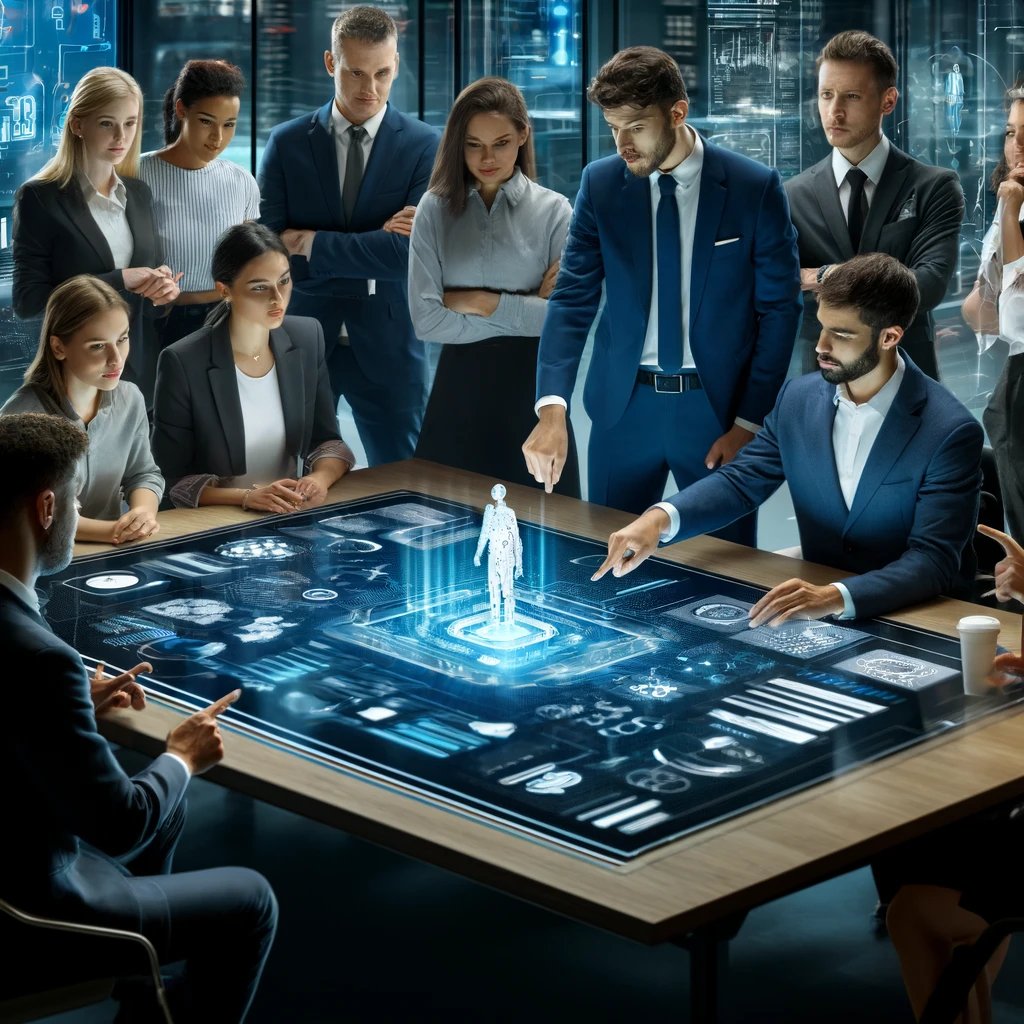 DALL·E 2024-05-20 14.13.07 - A high-tech office scene where a diverse group of professionals are engaged in a workshop. They are gathered around a high-tech digital table displayi